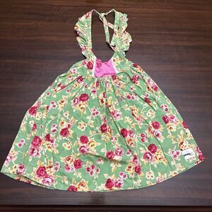 Pepper Laine Girls Floral Sundress Green W/ Pink Flowers. Tie, Open Back. Size 3